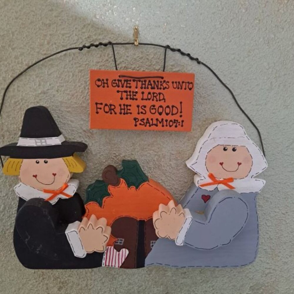 Wooden Handmade Thanksgiving Decor Wall Hanging Pumpkin Fall Pilgrim Give Thanks